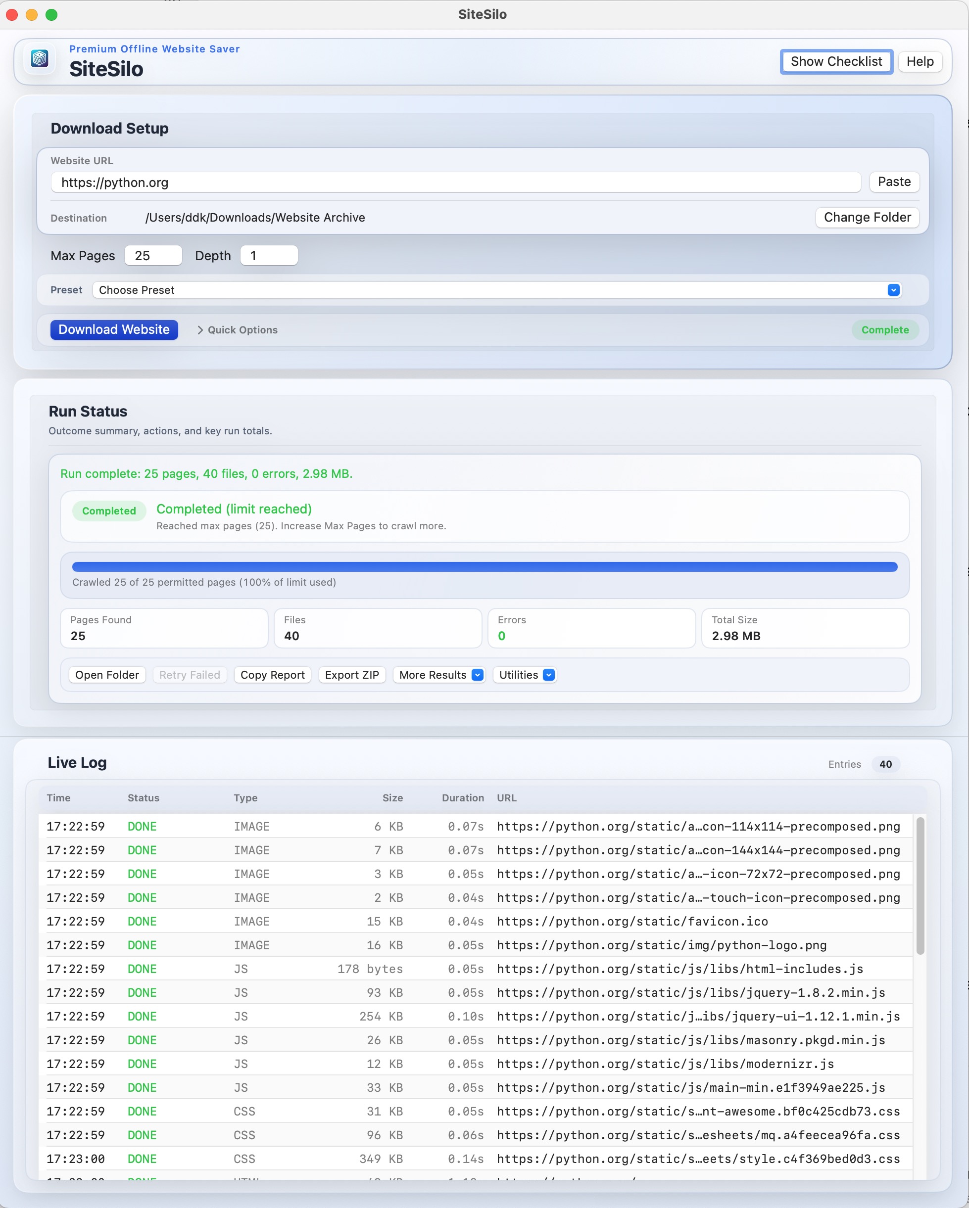 SiteSilo main screen after a download