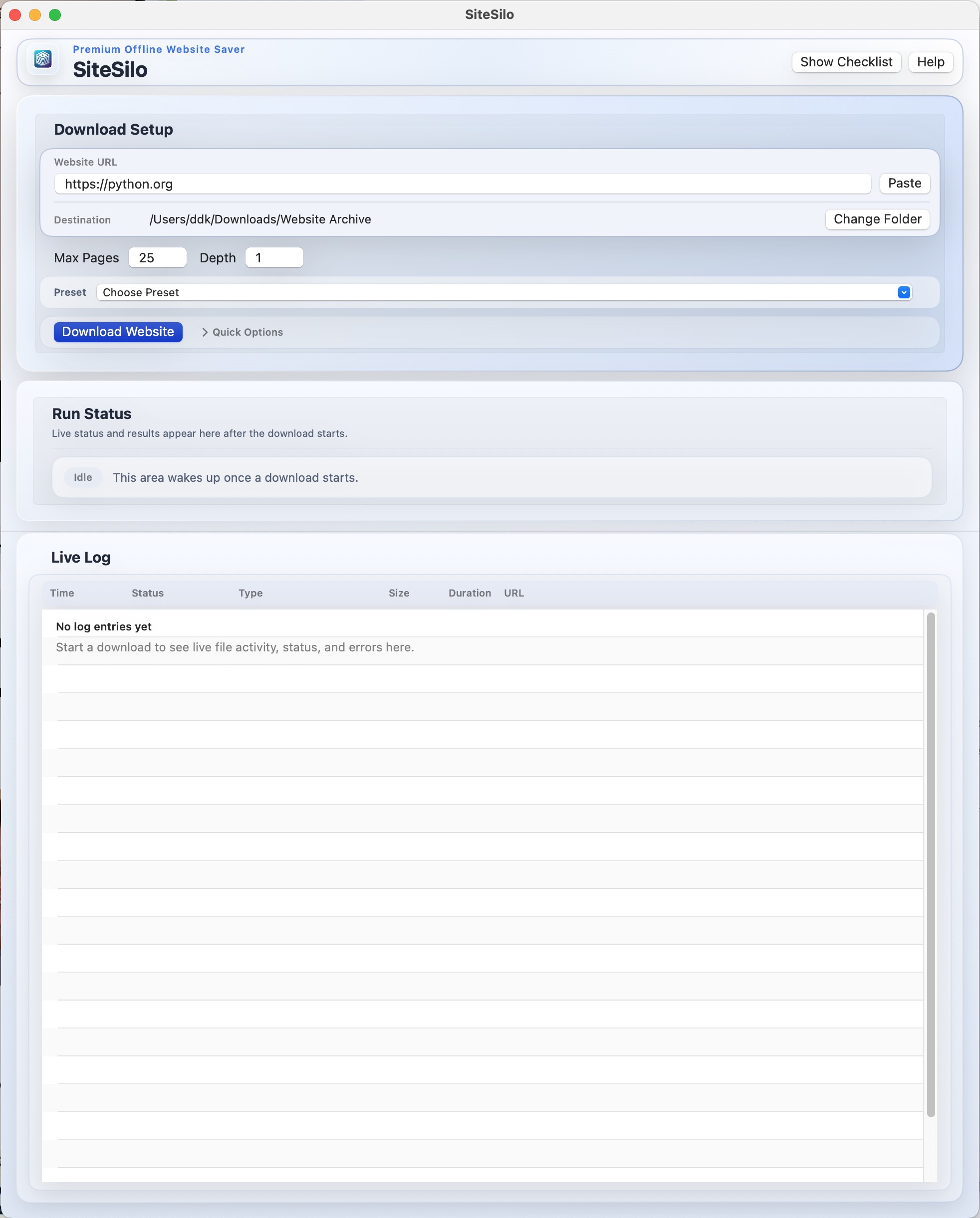 SiteSilo main screen before a download starts