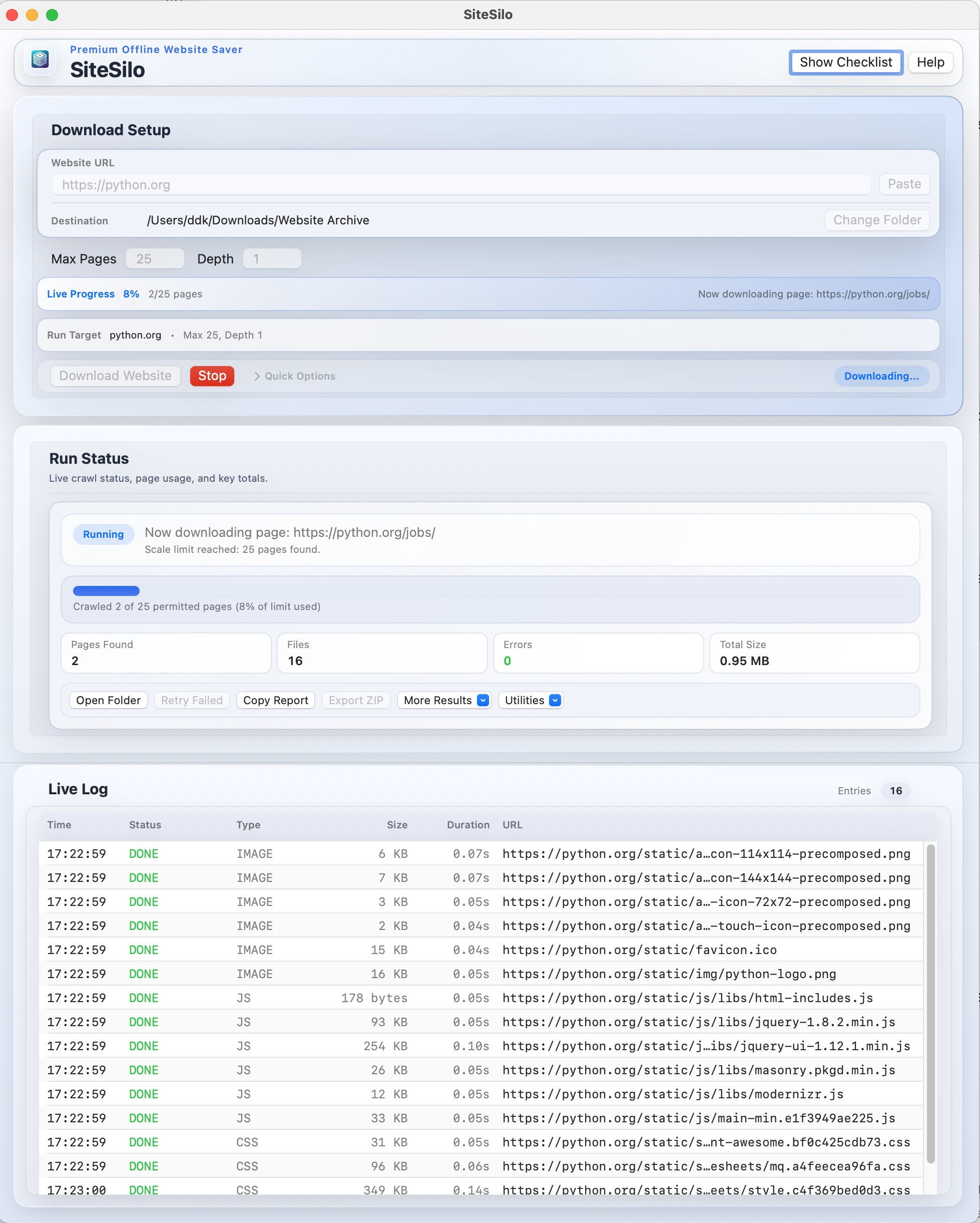 SiteSilo main screen during a download