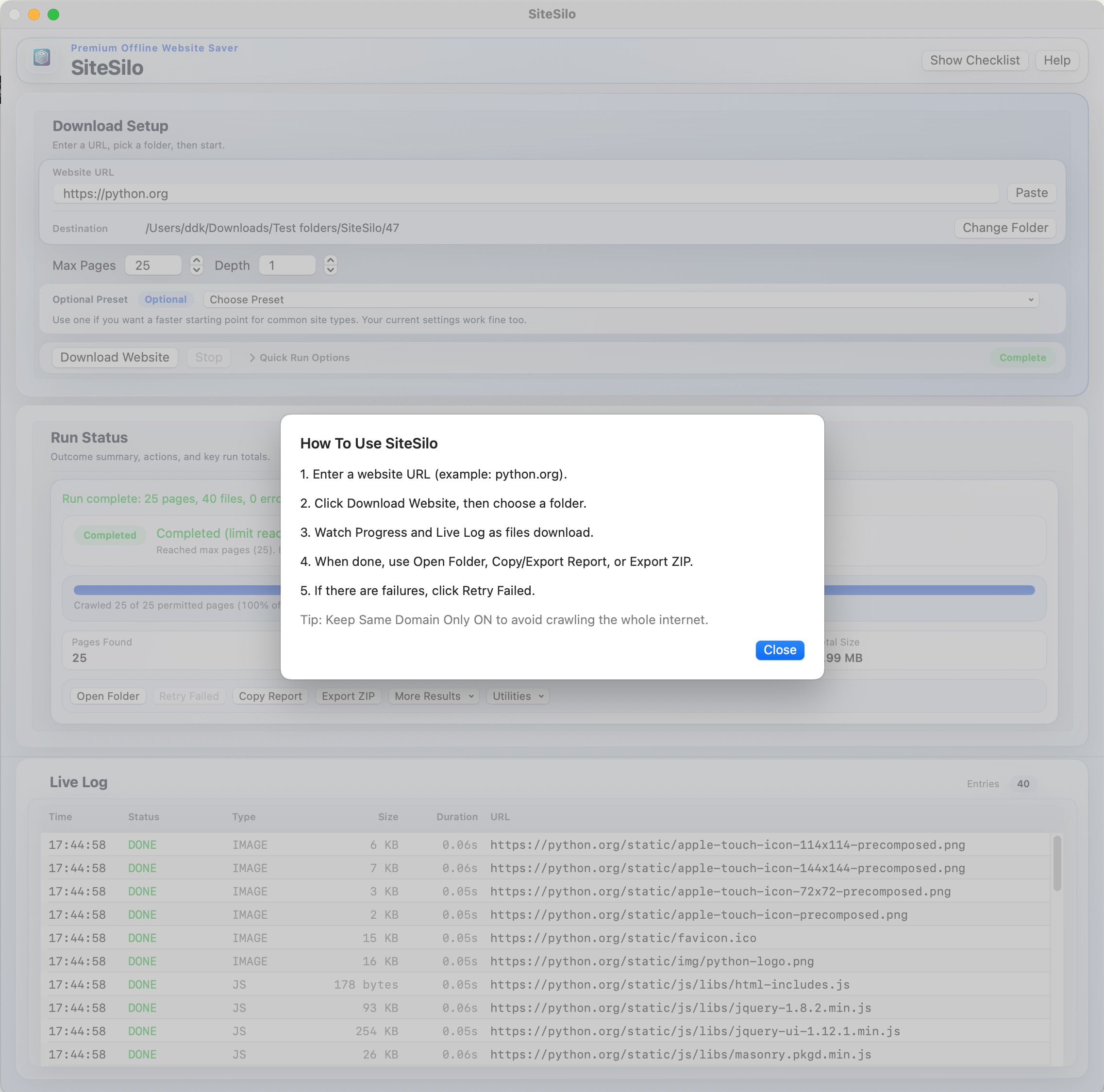 SiteSilo help screen