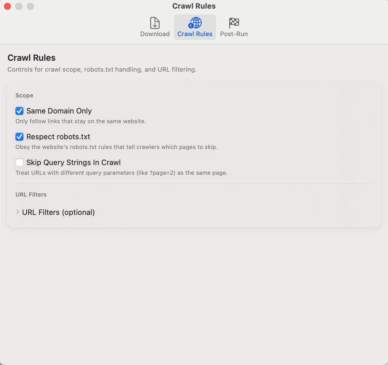 SiteSilo settings window crawl rules tab