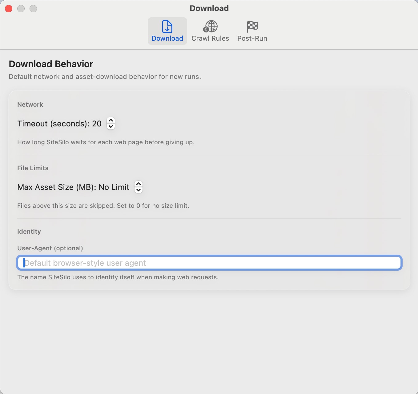 SiteSilo settings download tab