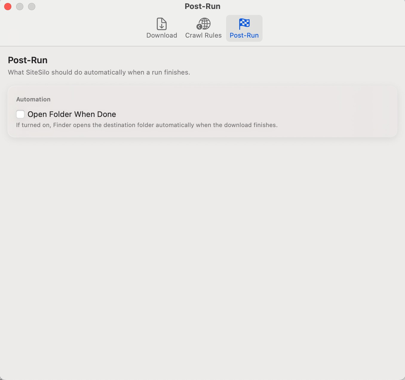 SiteSilo settings window post-run tab