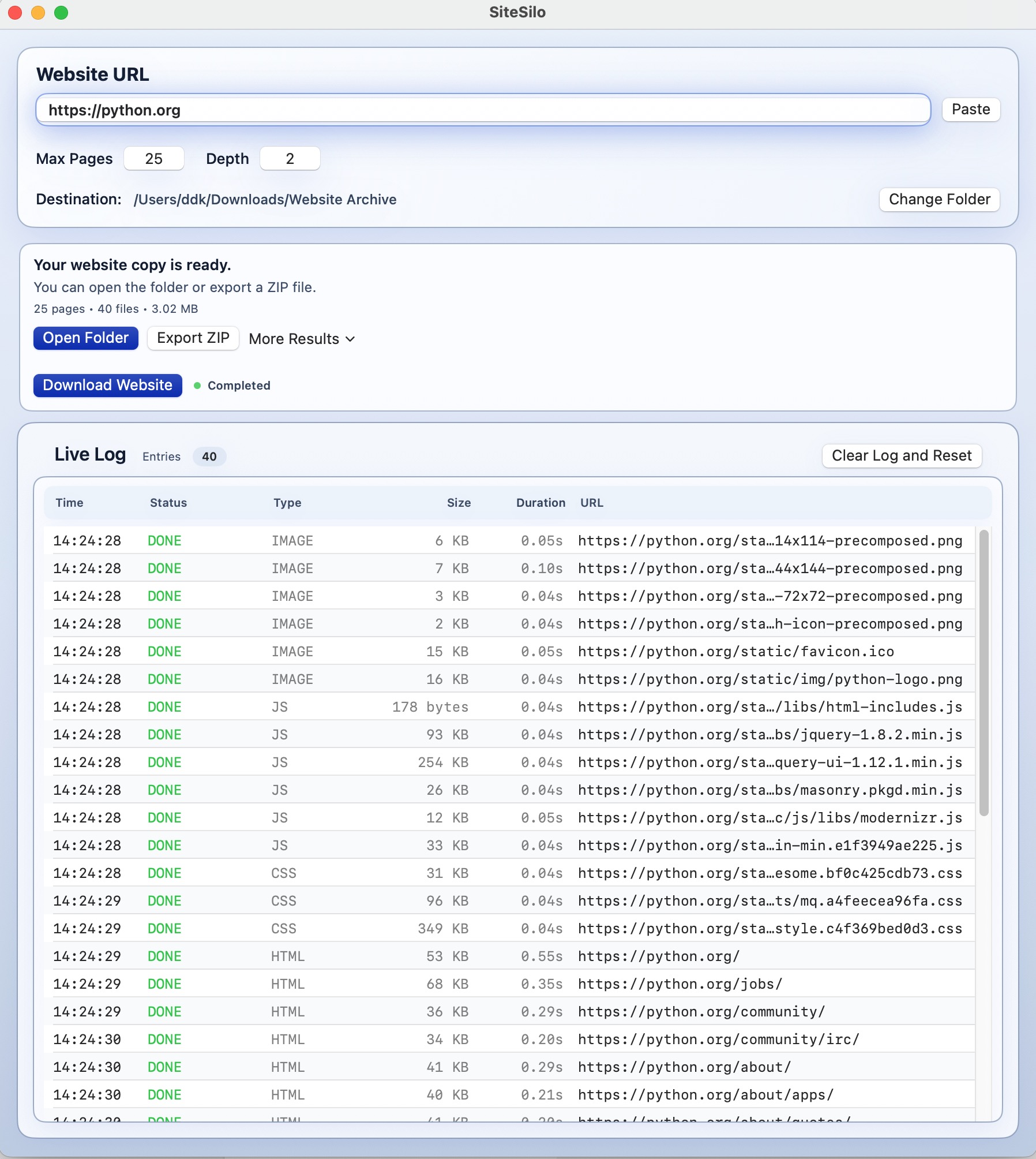 SiteSilo main screen after a download