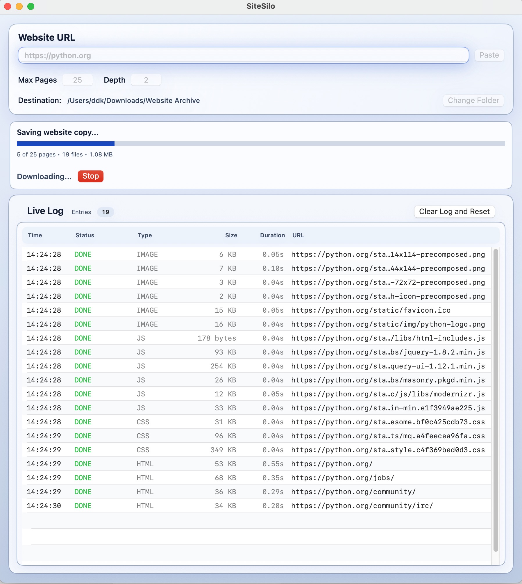 SiteSilo main screen during a download