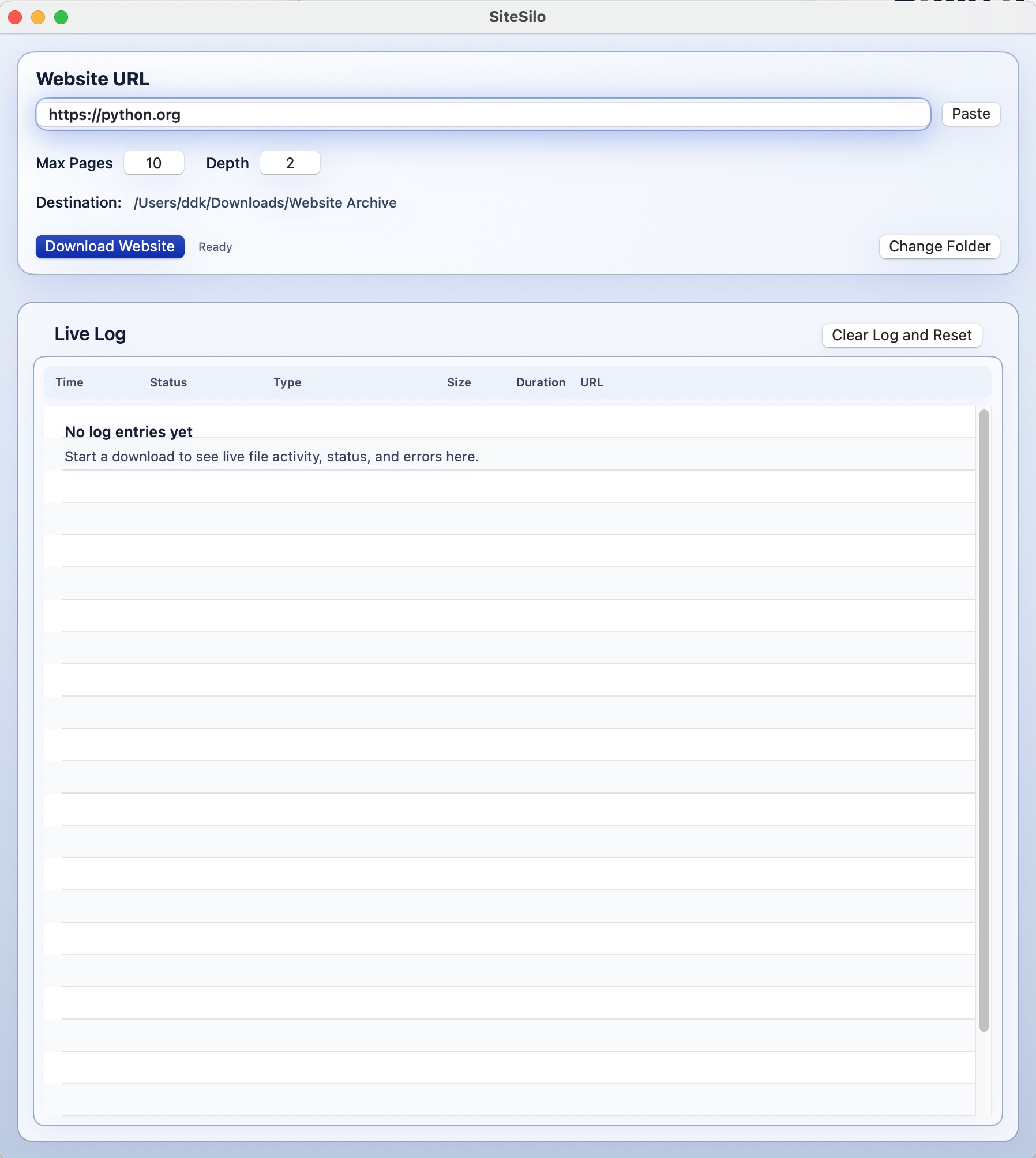 SiteSilo main screen before a download starts