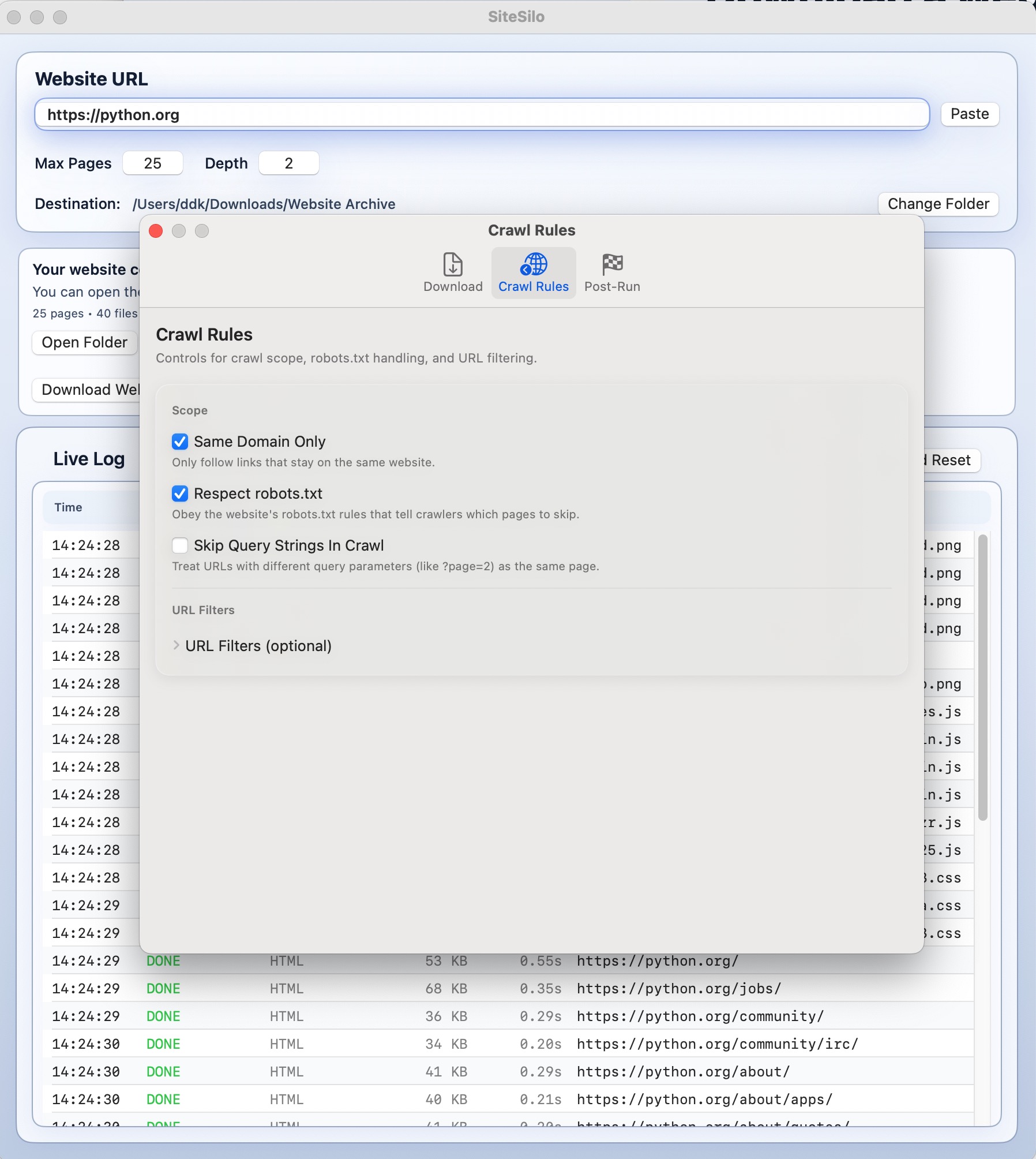 SiteSilo settings window crawl rules tab