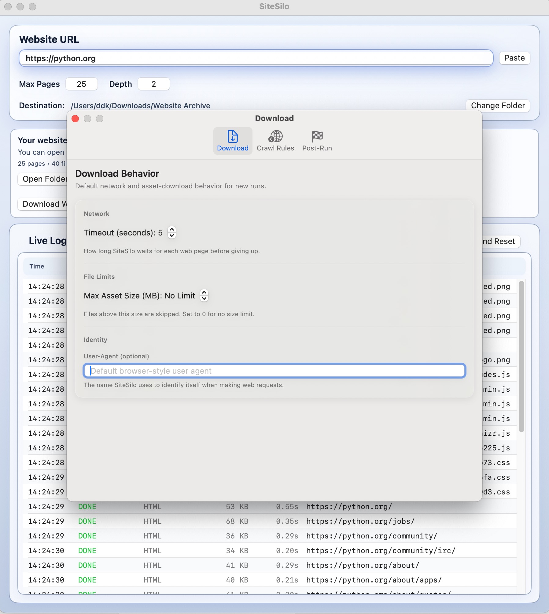 SiteSilo settings download tab