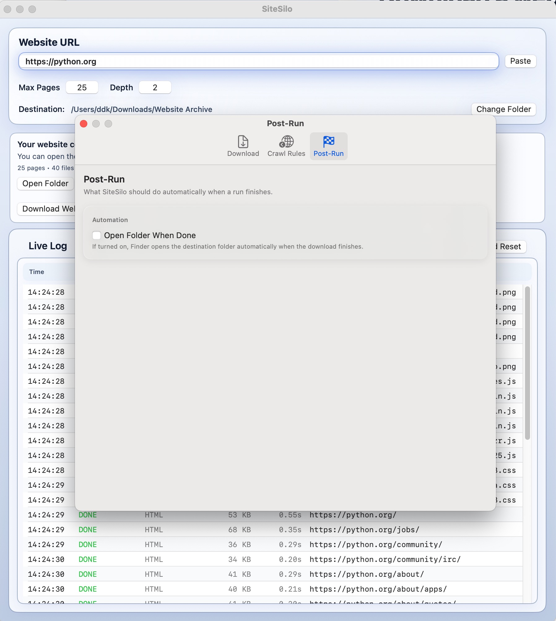 SiteSilo settings window post-run tab