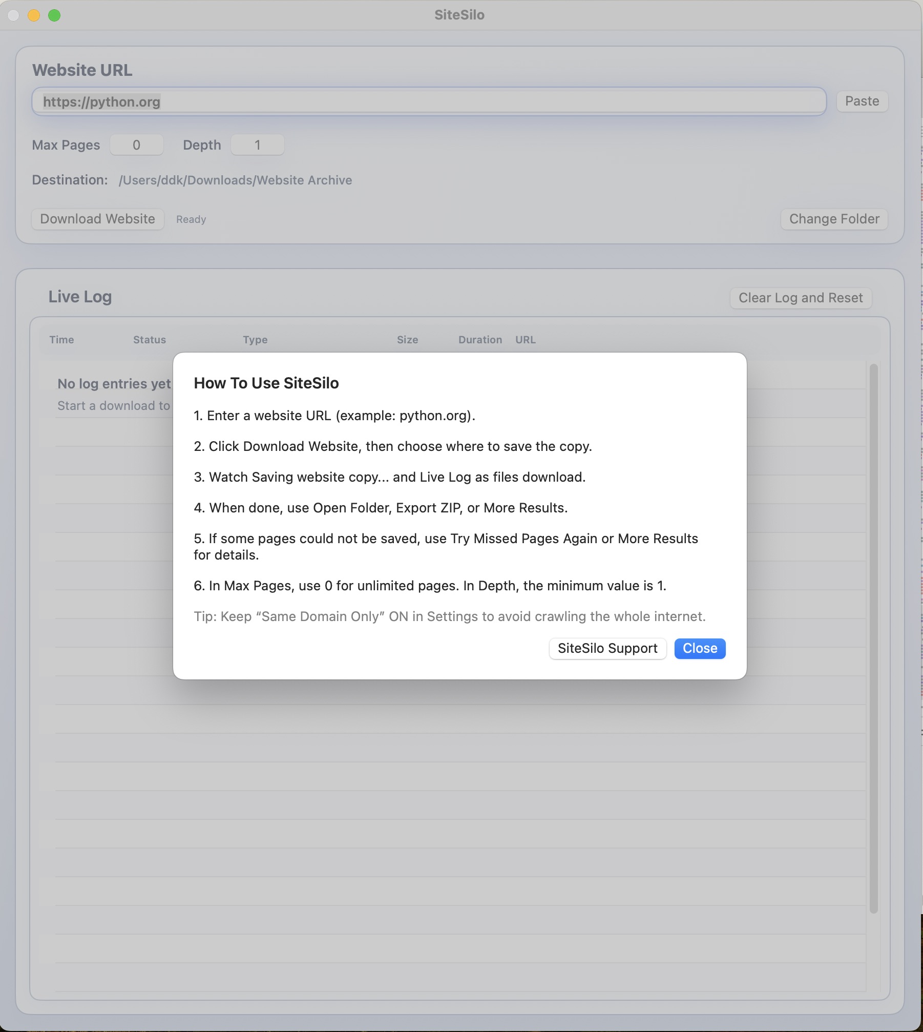 SiteSilo help screen